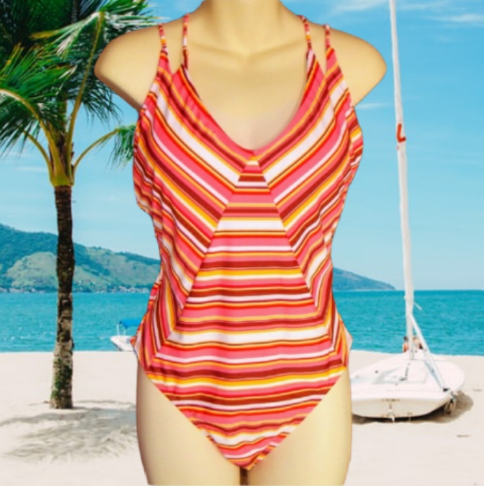 New NOBO Orange Striped Cheeky High Leg 1pc Swimsuit